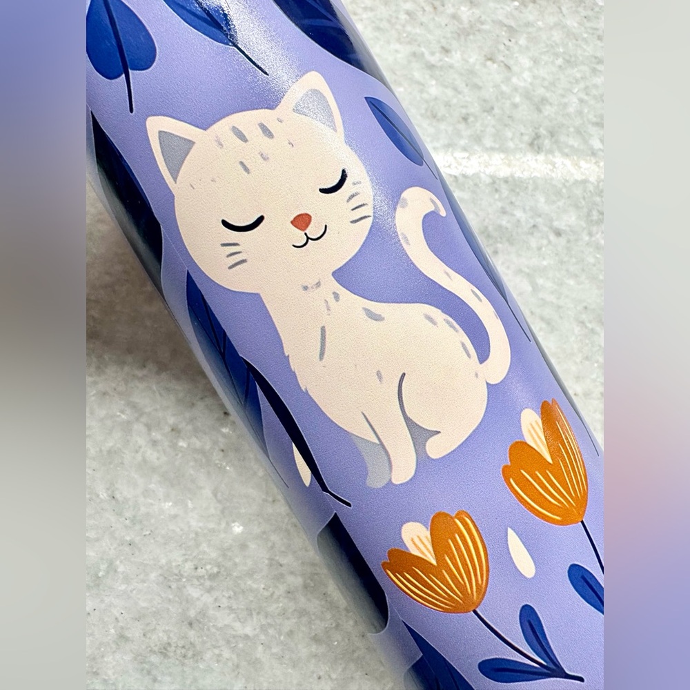New White Cat w/ Flowers Purple Stainless Steel Metal Travel Cup Tumbler - 20oz - Picture 6 of 9